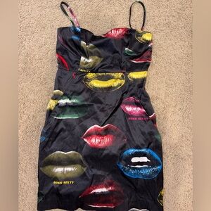 Miss Sixty Black Slip Dress with Multicolor Lip Print